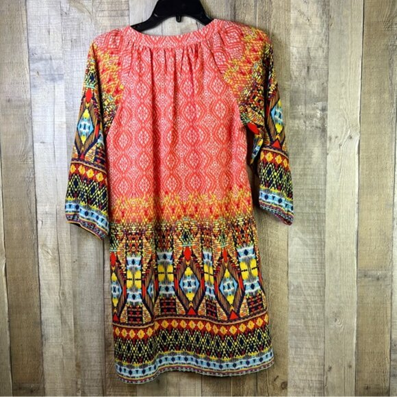 Hello Miss Small Multicolored Tribal Loose fit Lined Dress with 3/4 Sleeves - Picture 2 of 9